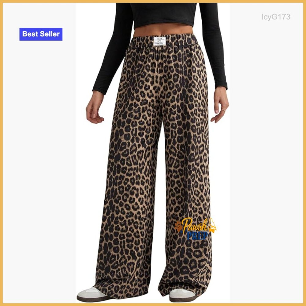 Women's Leopard Print Wide Leg Sweatpants High Waisted Elastic Casual